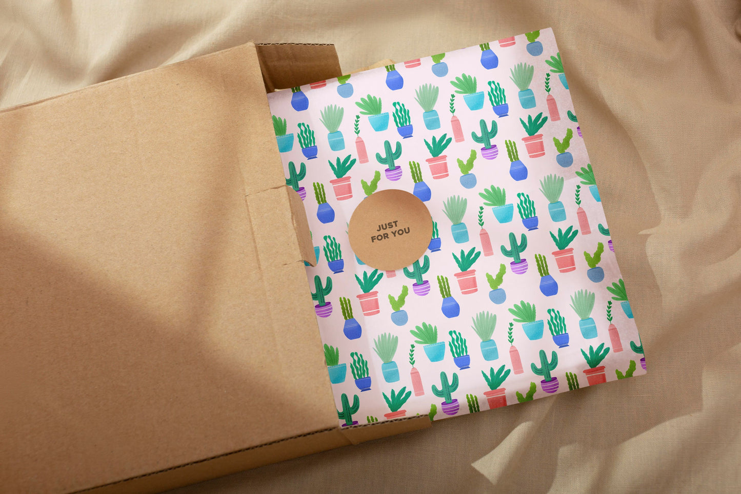 Houseplant Gift Wrap: Cactus Print, Recyclable Paper (3 Sheets)