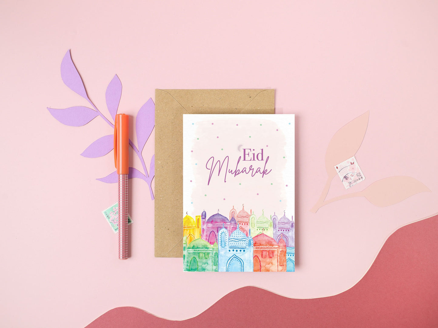 Eid Mubarak greeting card happy eid hand painted vibrant A6 blank greeting card with envelope made in uk