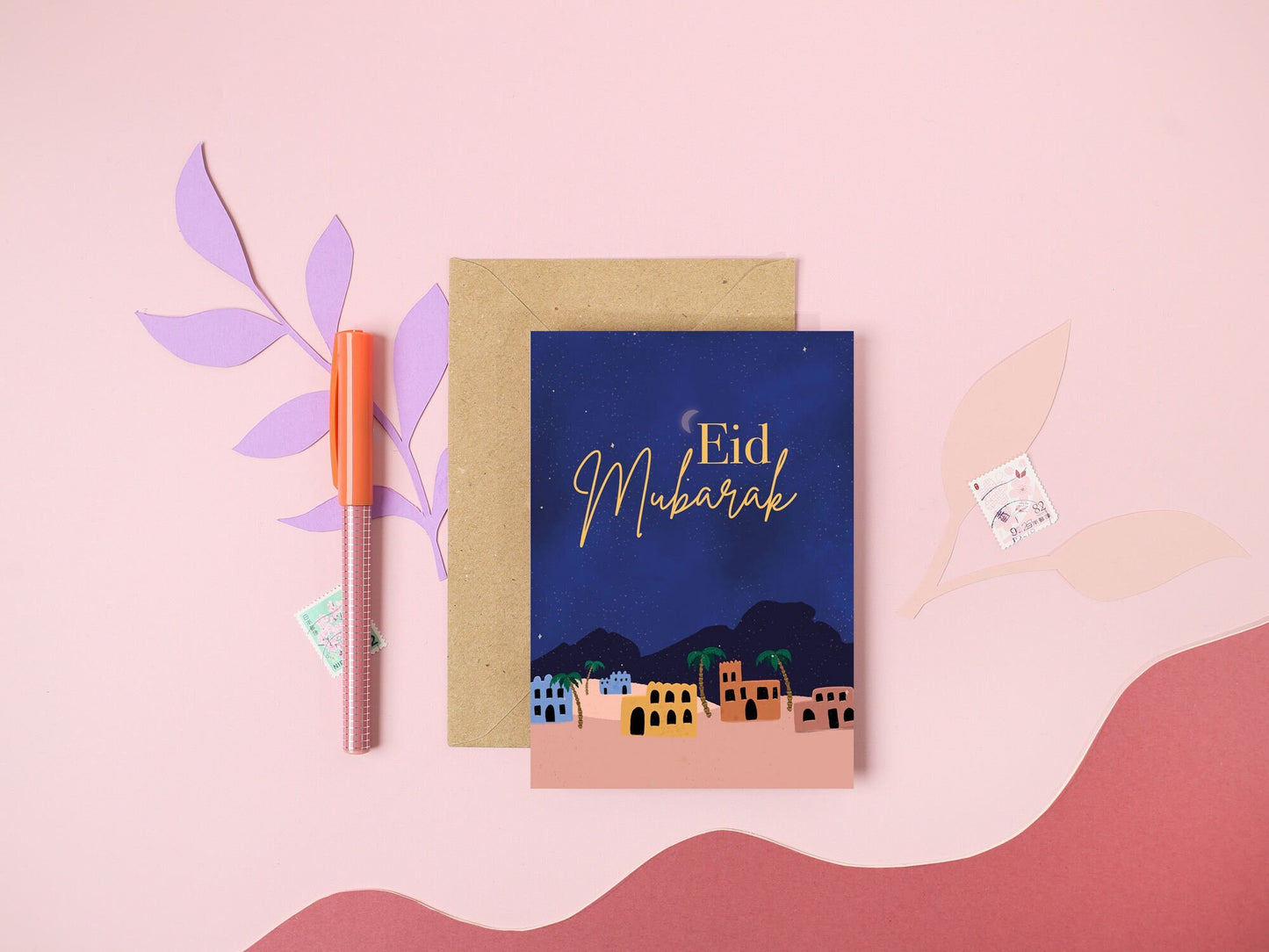 Eid Mubarak Greeting Card: Hand-Painted Arabian Night Design