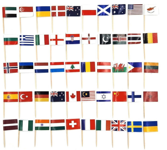 50 x World Flags Cocktail Sticks International and Ethnic Event Mini Food Flags