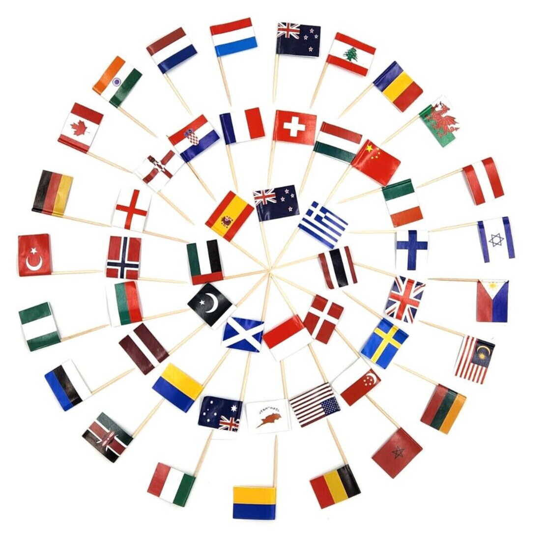 50 x World Flags Cocktail Sticks International and Ethnic Event Mini Food Flags