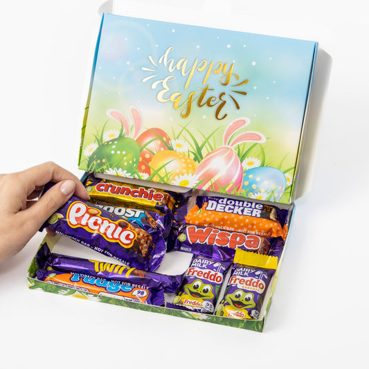 Cute Easter Personalised Gift Box Hamper Happy Easter Present Cadbury Chocolate Freddo Twirl Boost Sweet Keechi & co.