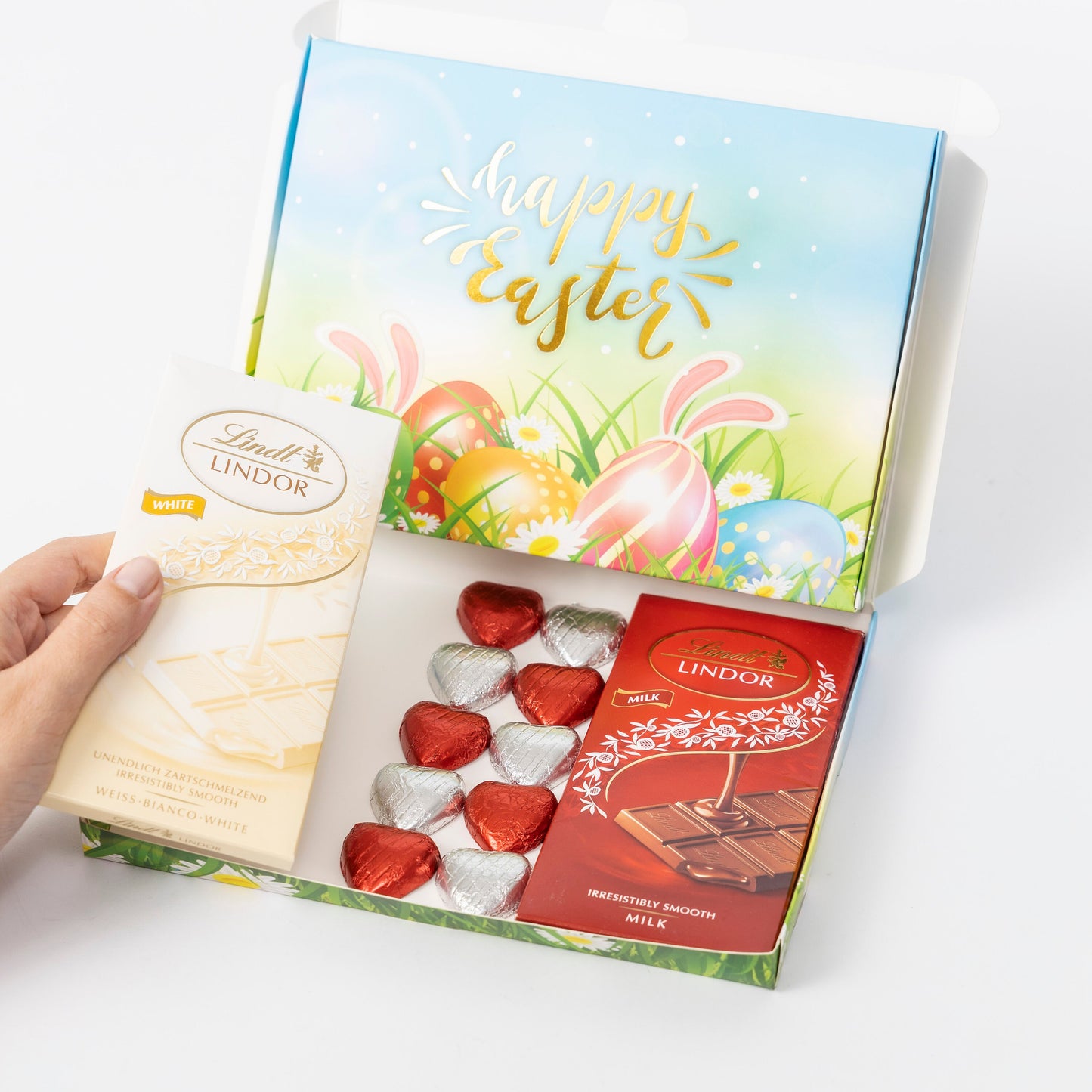 Lindt Lindor Milk White Chocolate Bars Hearts Hamper Egg Gift Happy Easter Keechi & co.