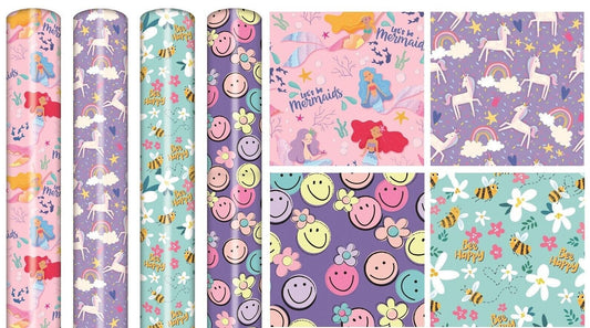 4 Rolls Gift Wrapping Paper Girls Unisex Happy Birthday 3M x 70cm Roll 12 Metre Keechi & co.