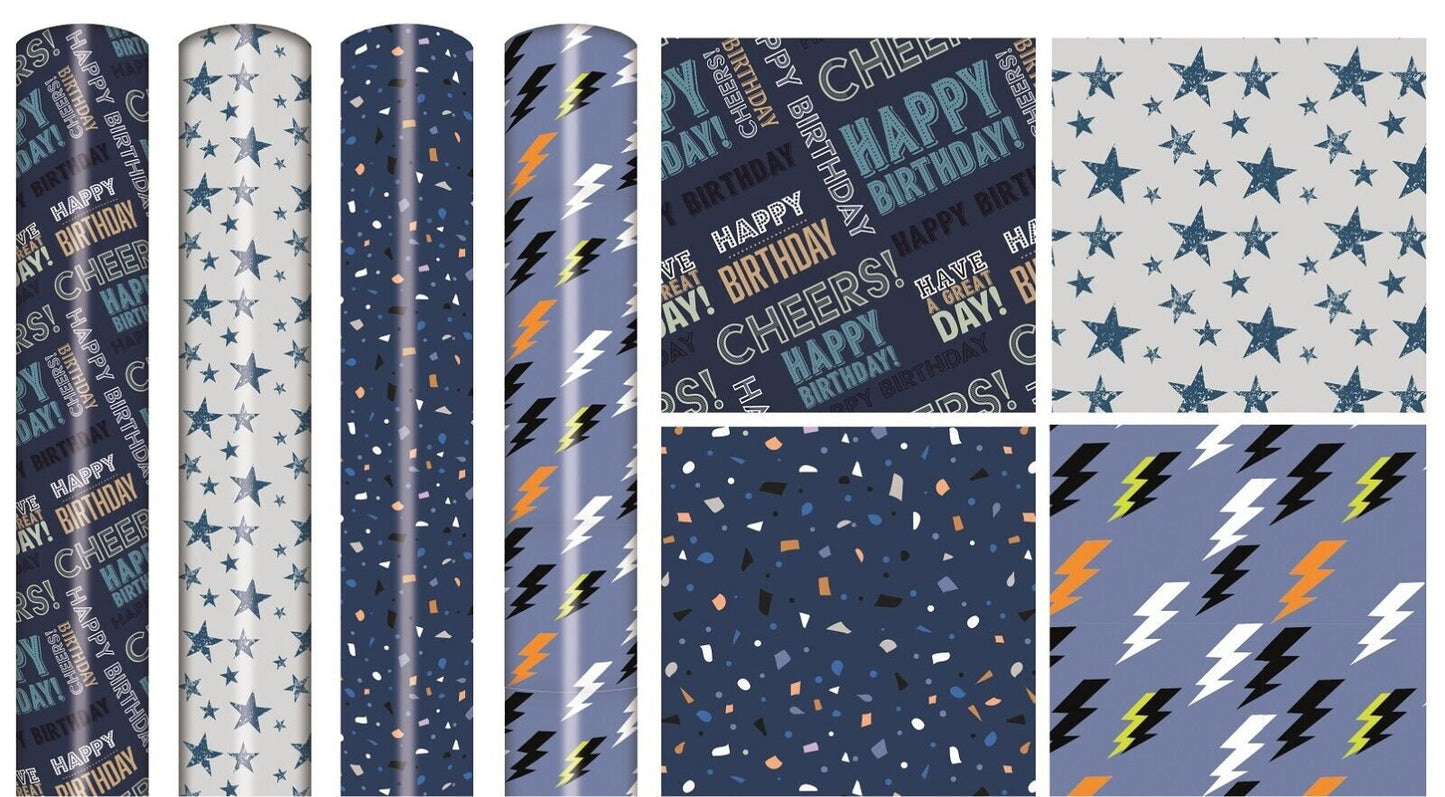 4 Rolls Gift Wrapping Paper Male Unisex Happy Birthday 3M x 70cm Roll 12 Metres Keechi & co.