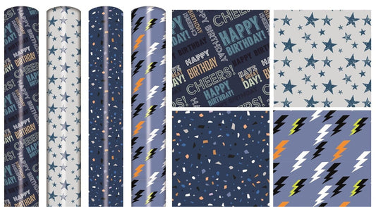 4 Rolls Gift Wrapping Paper Male Unisex Happy Birthday 3M x 70cm Roll 12 Metres Keechi & co.