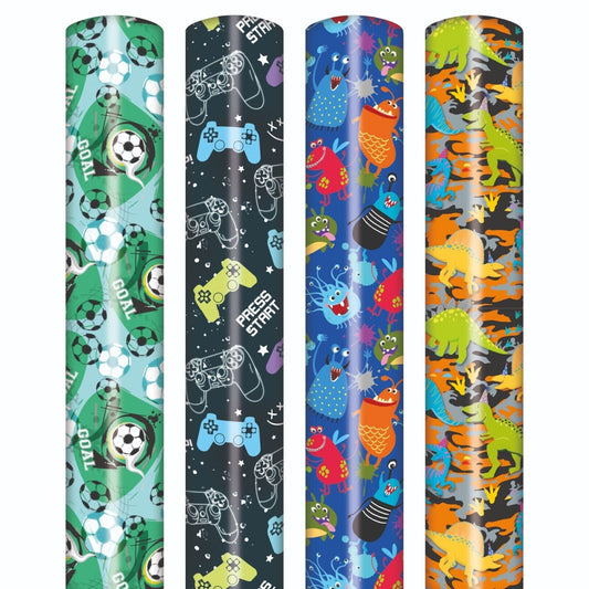 Boys Birthday Gift Wrapping Paper: 4 Rolls, Sports, Dinosaurs, Monsters
