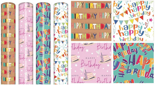 4 Rolls Gift Wrapping Paper Print Unisex Happy Birthday 3M x 70cm Roll 12 Metre Keechi & co.