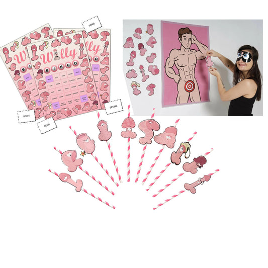 Hen Night Party pack pin the hunk straws Bride to Be Funny Willy Bingo Game up to 12 Players p Keechi & co.