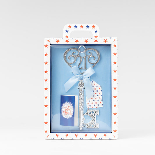 Gift Boxed Silver 18th or 21st Birthday Key Keepsake Blue