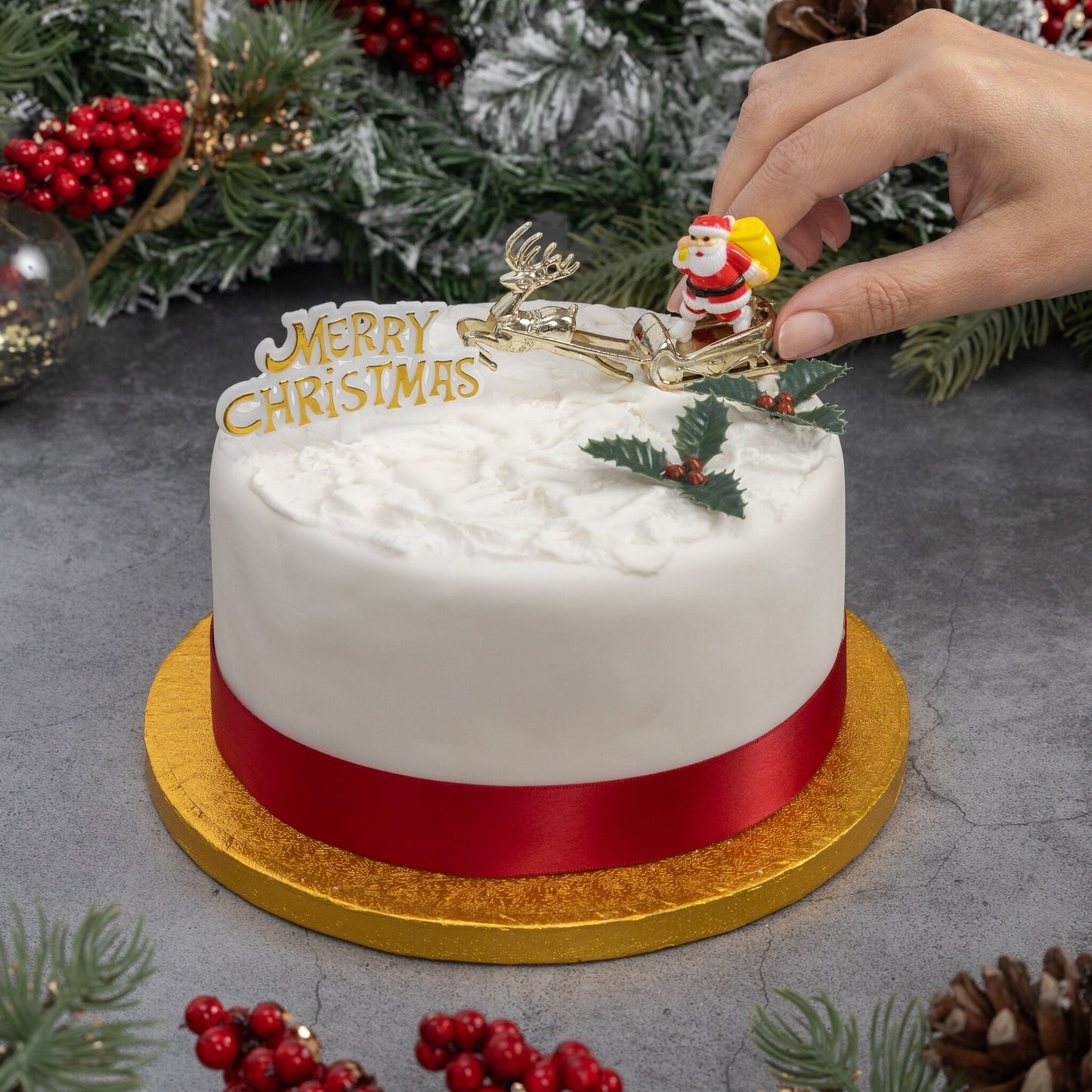 Merry Christmas Cake Decorations yule log cupcake toppers cake frill red with gold set combo 4 piece SET