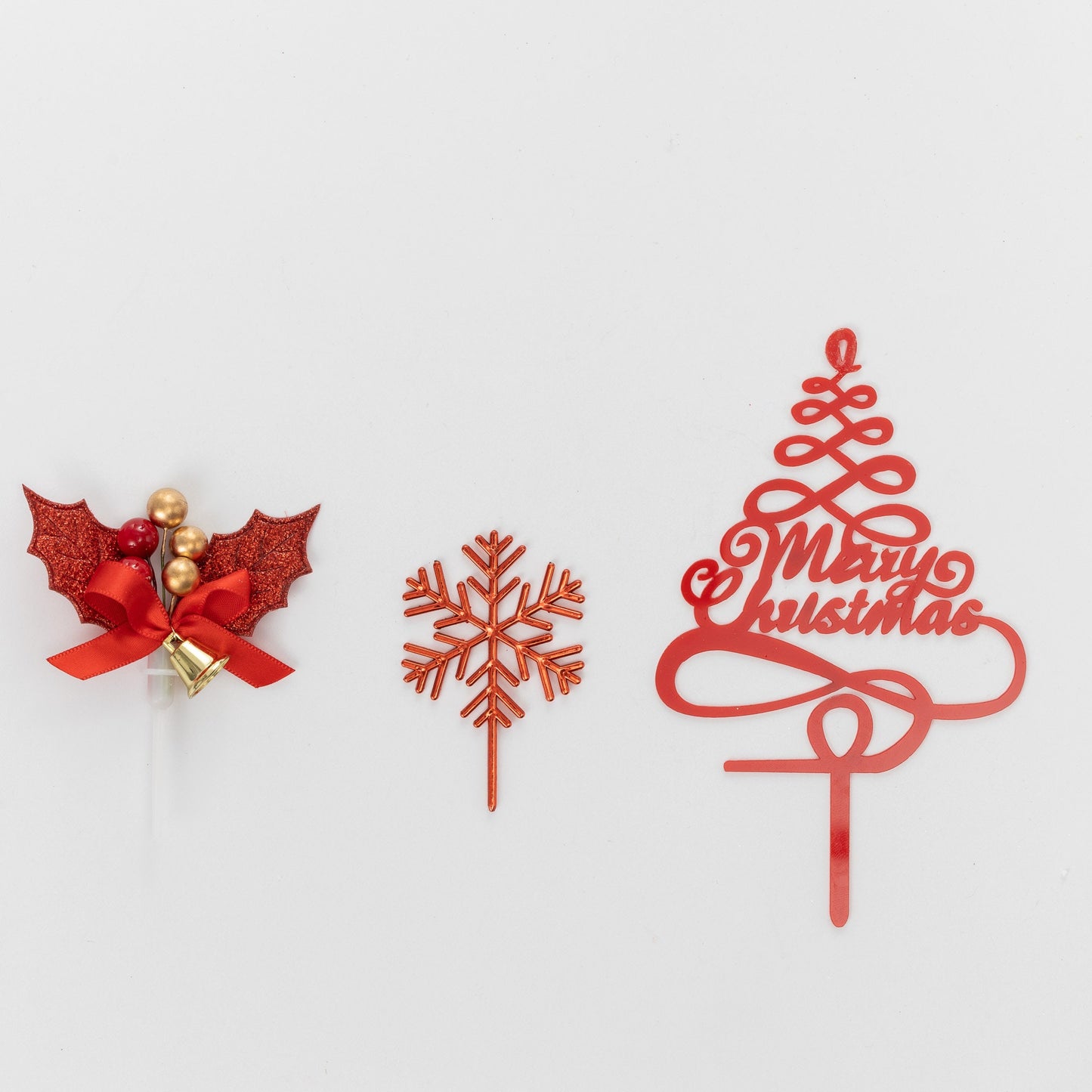 Red Christmas Cake Topper Set: Holly, Snowflake, Merry Christmas (3 pc)