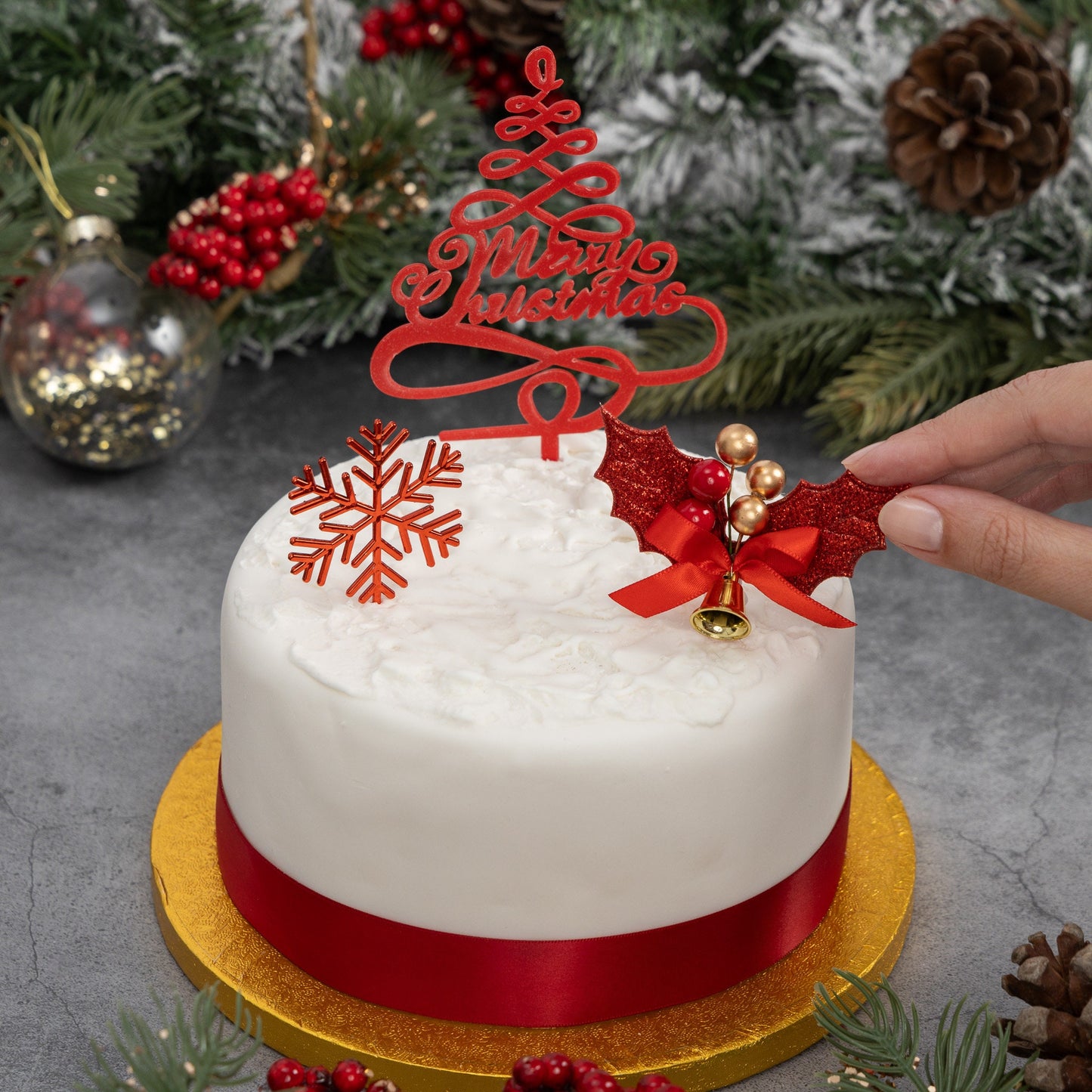 Red Christmas Cake Topper Set: Holly, Snowflake, Merry Christmas (3 pc)