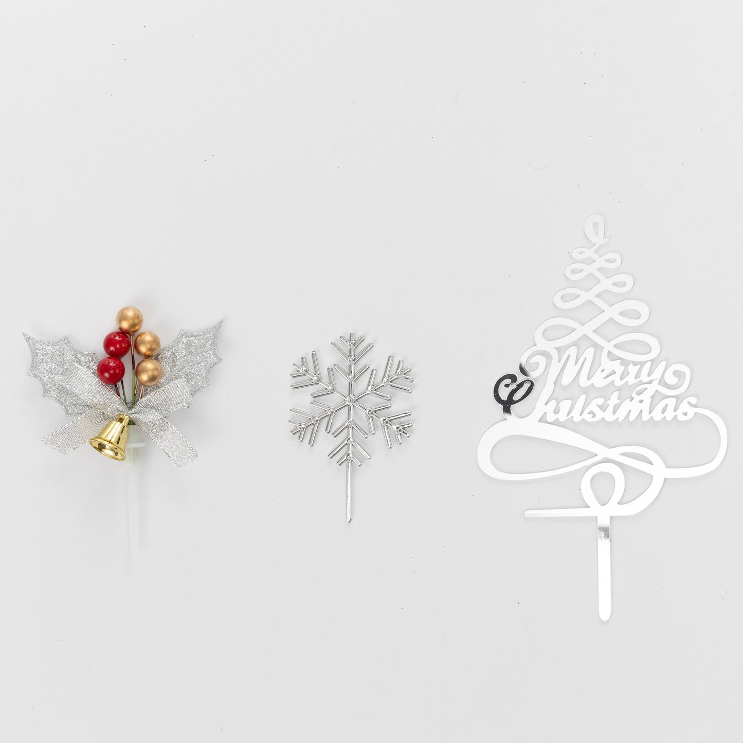3 piece SET SILVER HOLLY Merry Christmas Cake Decorations log cupcake toppers