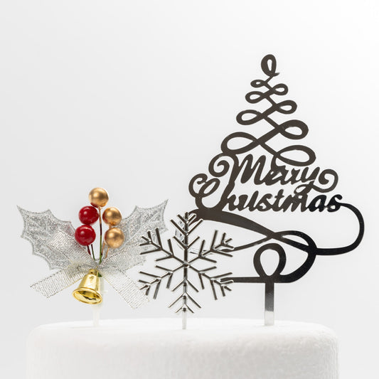 3 piece SET SILVER HOLLY Merry Christmas Cake Decorations log cupcake toppers