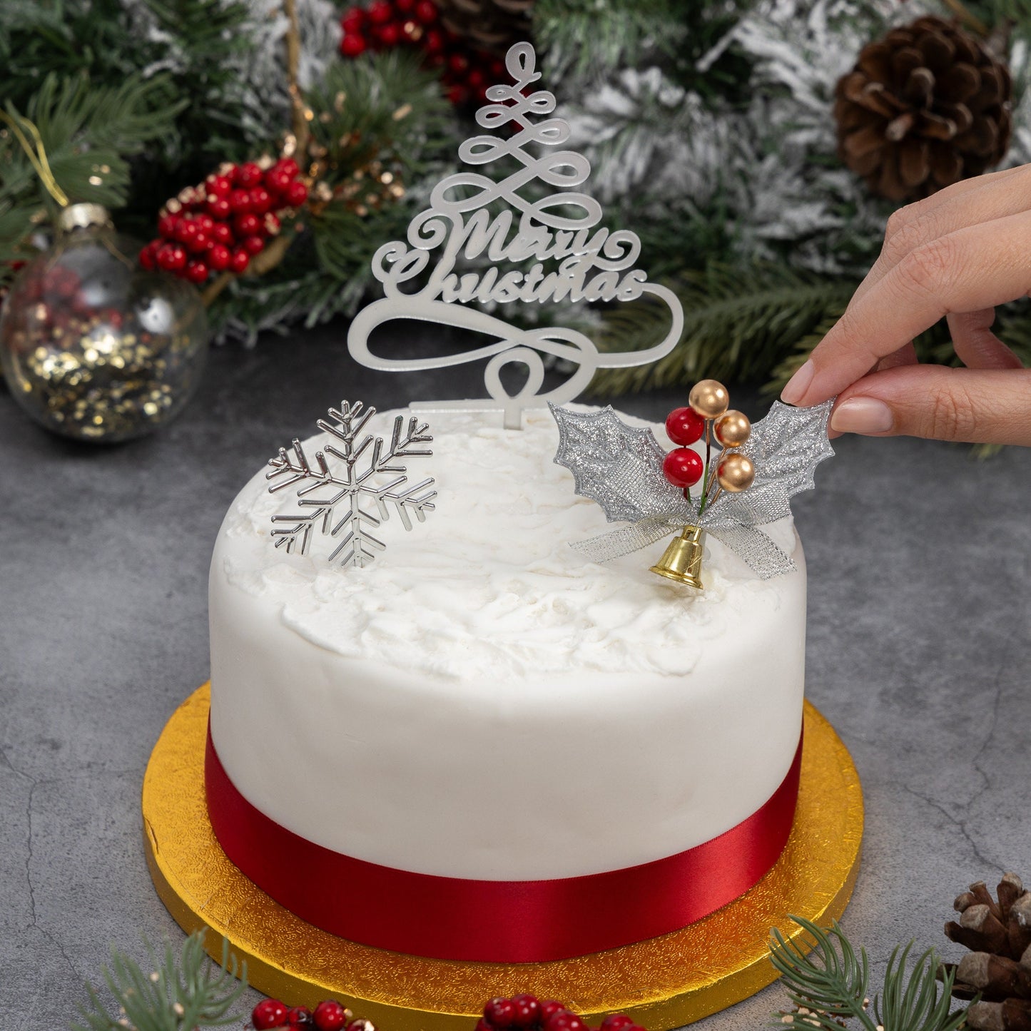 3 piece SET SILVER HOLLY Merry Christmas Cake Decorations log cupcake toppers