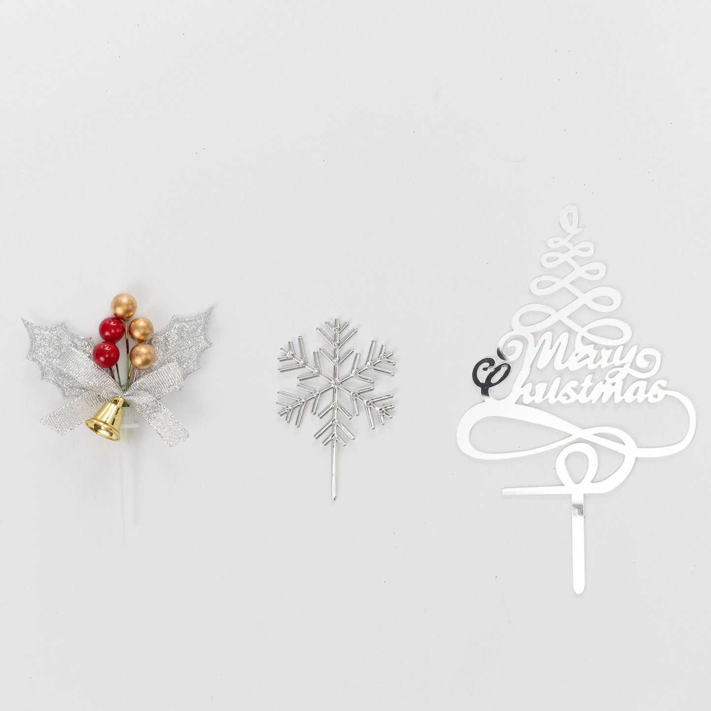 Christmas cake topper Silver set holly 3 piece Cake Decorations log cupcake toppers