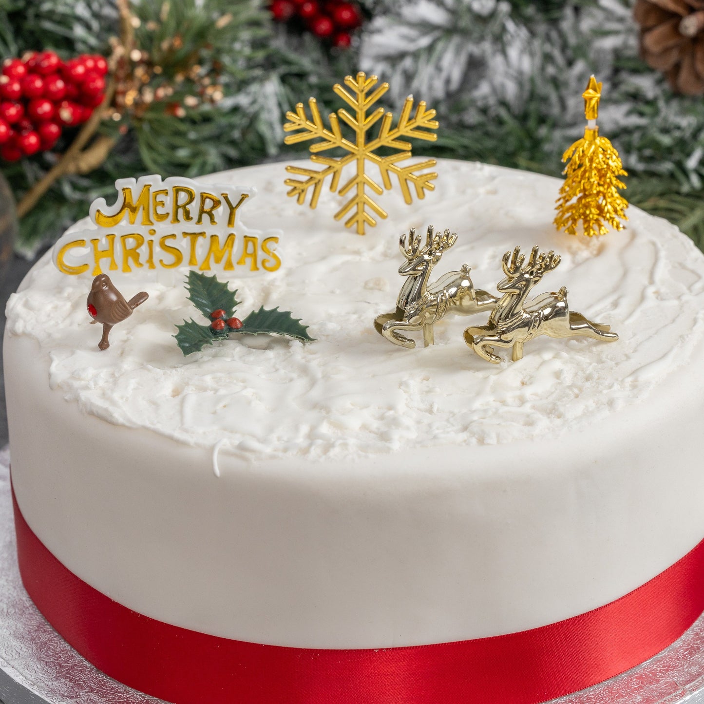 Gold Christmas Cake Topper Set: Snowflake, Reindeer, Holly - 7 Piece