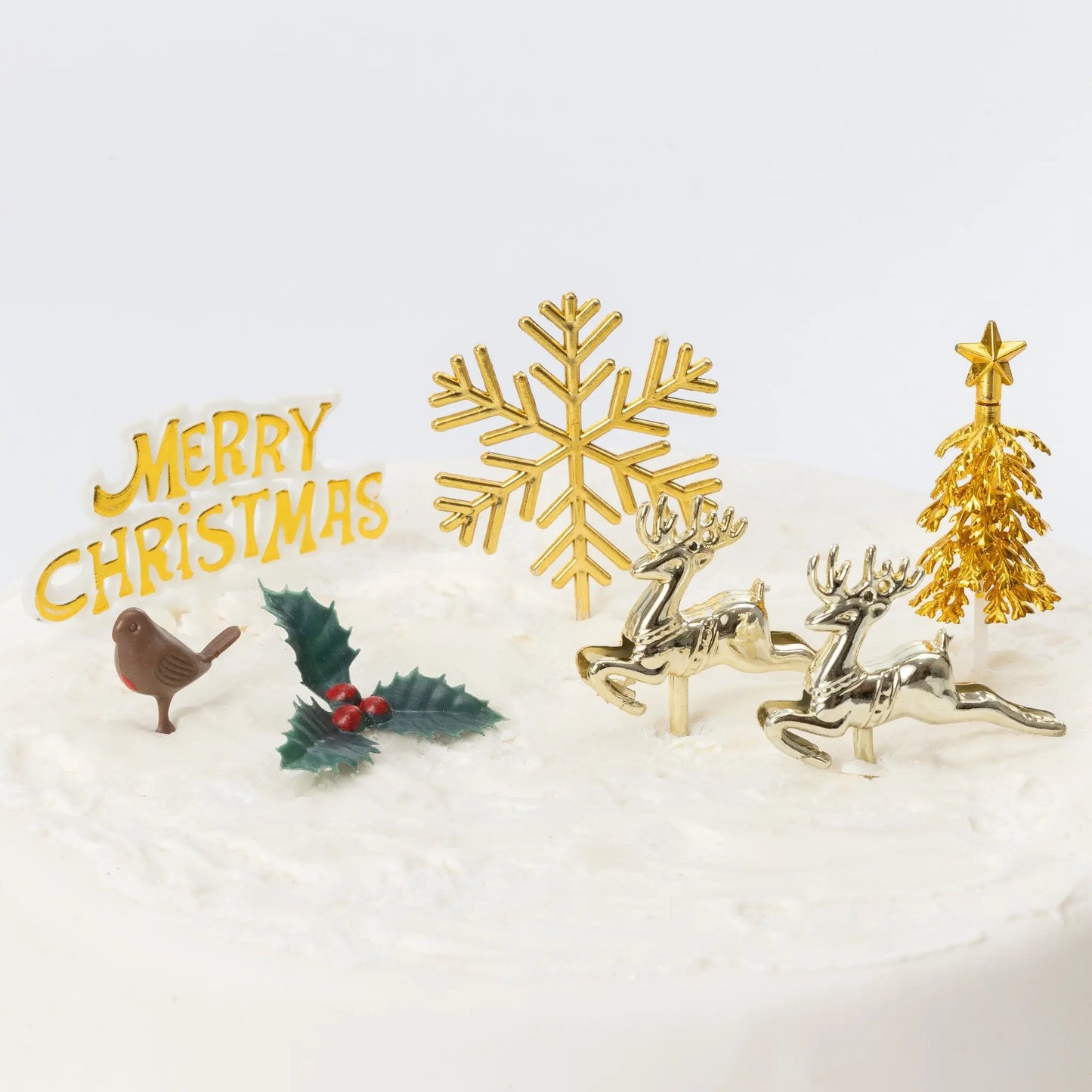 7 pc gold Christmas cake topper gold set holly 7 piece Cake Decorations log cupcake toppers Keechi & co.