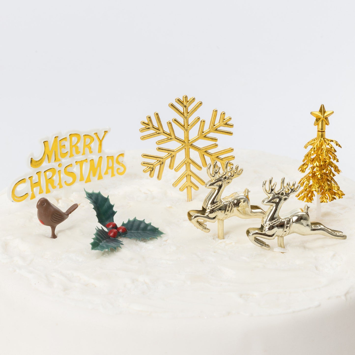Gold Christmas Cake Topper Set: Snowflake, Reindeer, Holly - 7 Piece