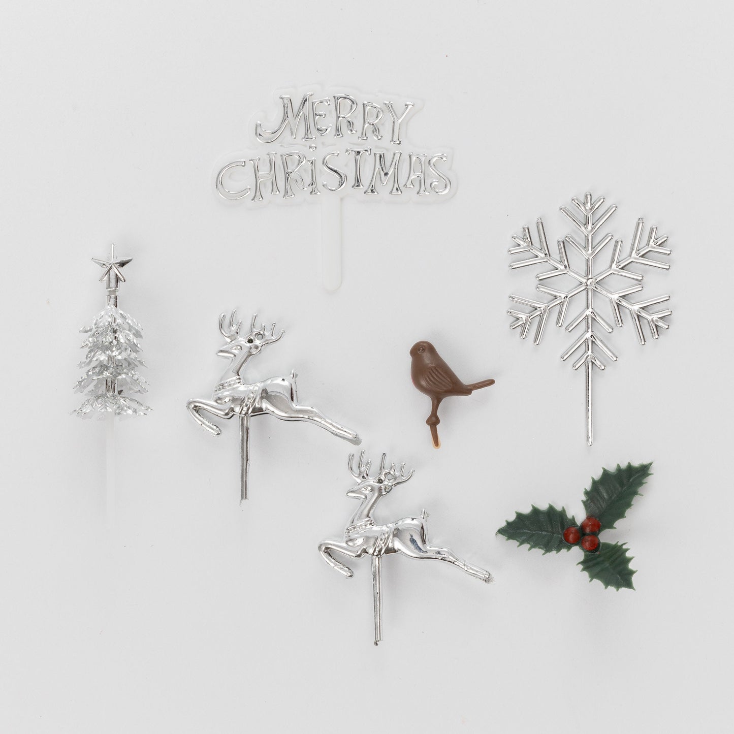 Gold Christmas Cake Topper Set: Snowflake, Reindeer, Holly - 7 Piece