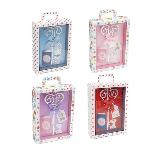 Gift Boxed Silver 18th or 21st Birthday Key Keepsake Blue Pink Lilac Red