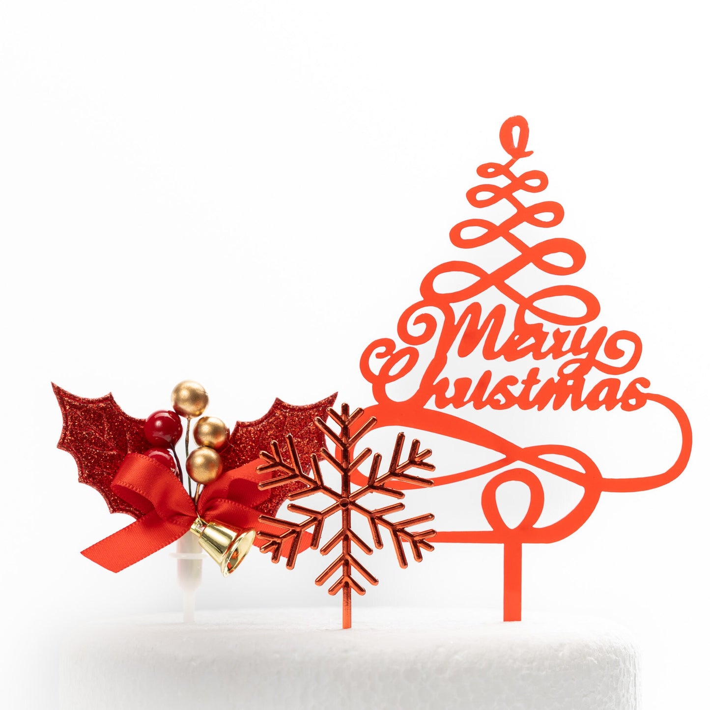 Red Christmas Cake Topper Set: Holly, Snowflake, Merry Christmas (3 pc)