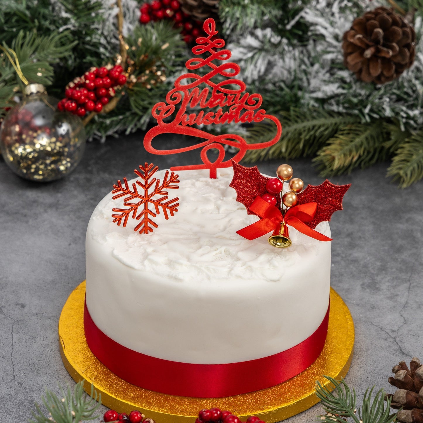 Red Christmas Cake Topper Set: Holly, Snowflake, Merry Christmas (3 pc)