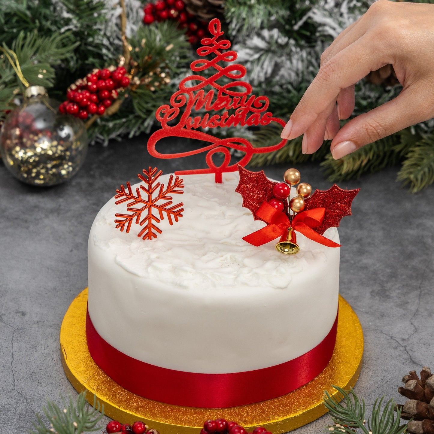 Red Christmas Cake Topper Set: Holly, Snowflake, Merry Christmas (3 pc)