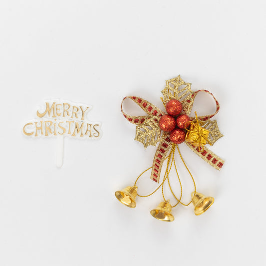 Christmas Cake Decoration topper Set Gold or silver Holly & Bells With Merry Christmas Sign