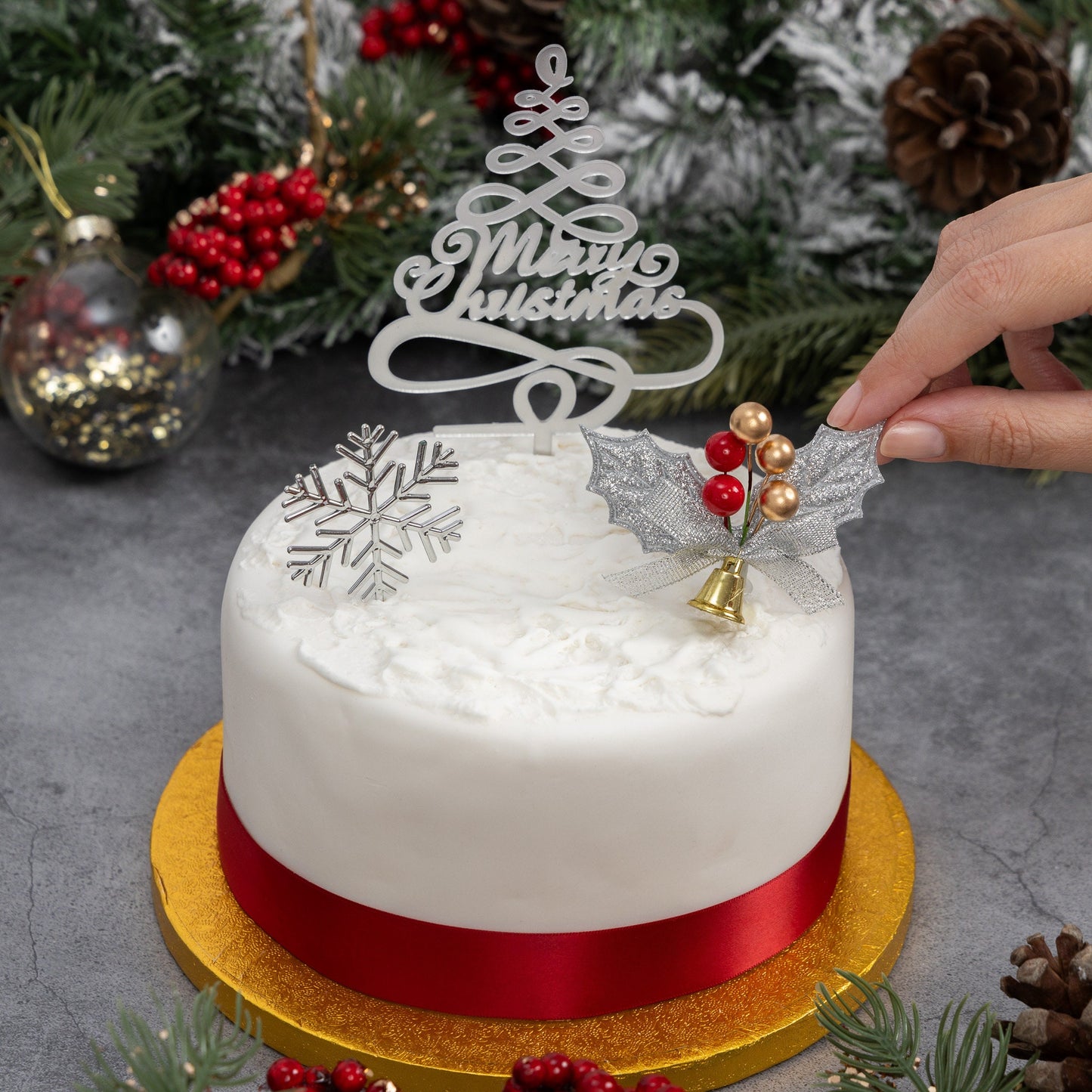 Christmas cake topper Silver set holly 3 piece Cake Decorations log cupcake toppers Keechi & co.