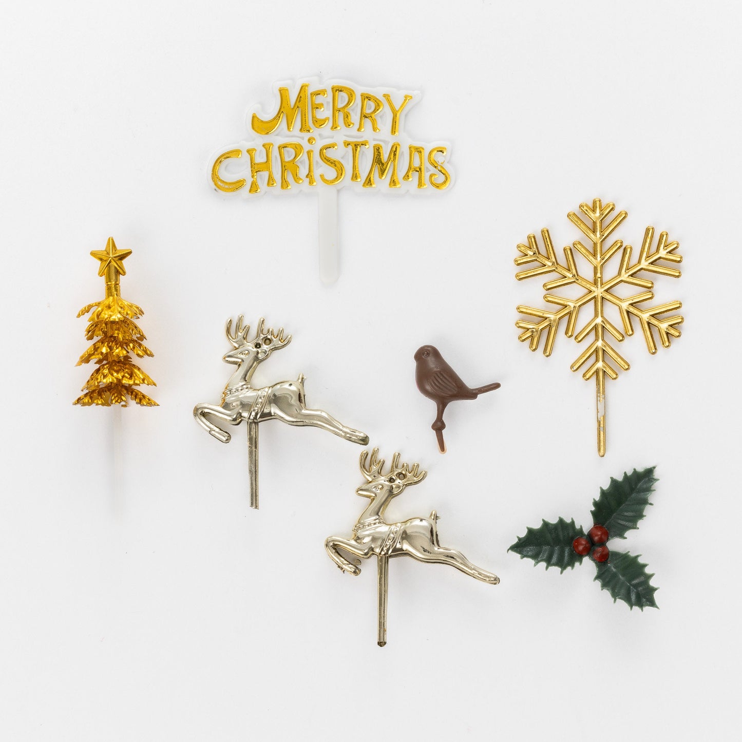 Gold Christmas Cake Topper Set: Snowflake, Reindeer, Holly - 7 Piece