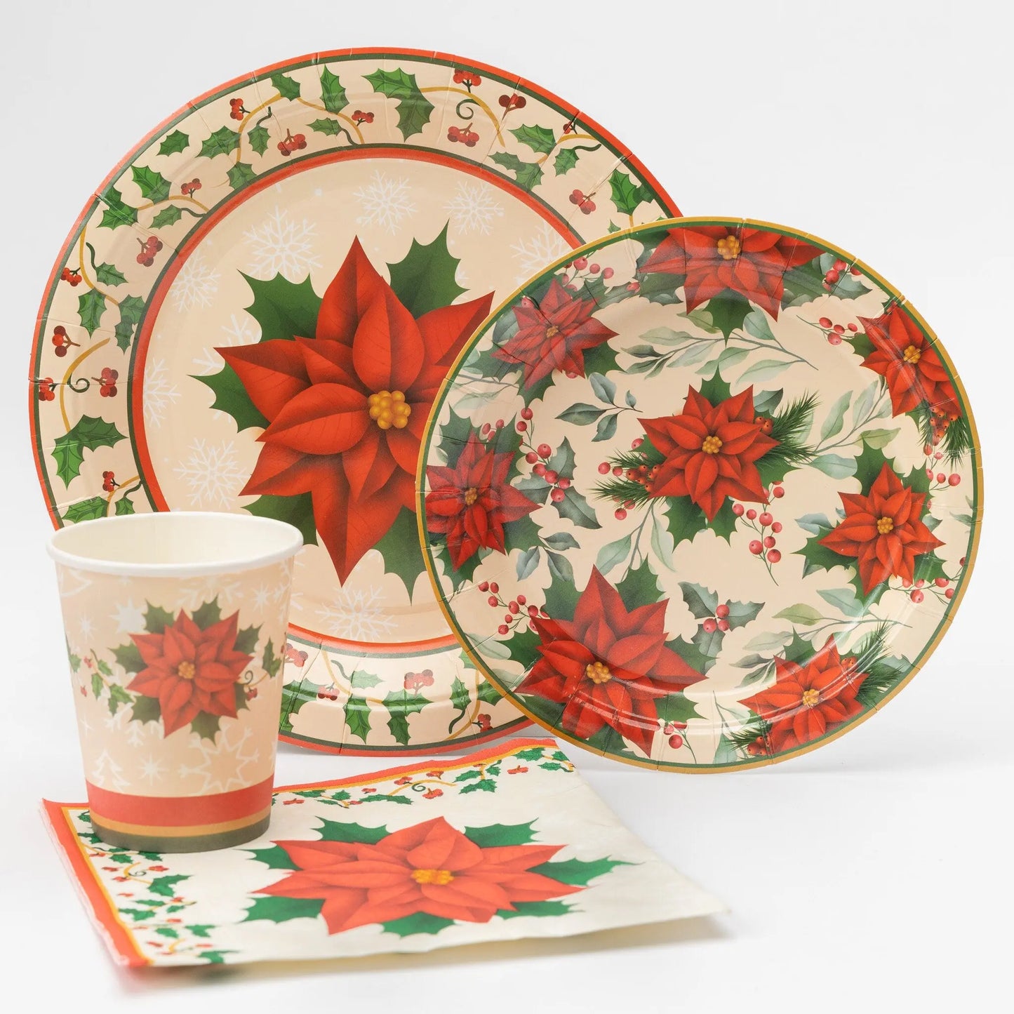 Christmas Traditional Poinsettia Partyware set Plates Cups Napkins Party Items Keechi & co.