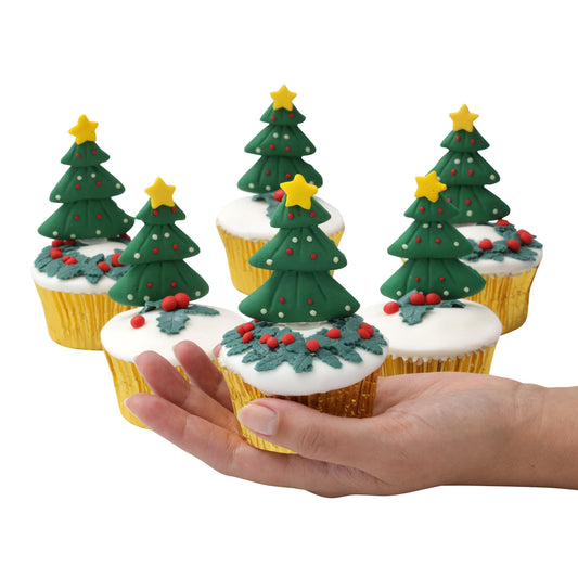 Christmas cake topper tree star 6 x Cake Decorations Yule Log Cupcake Toppers