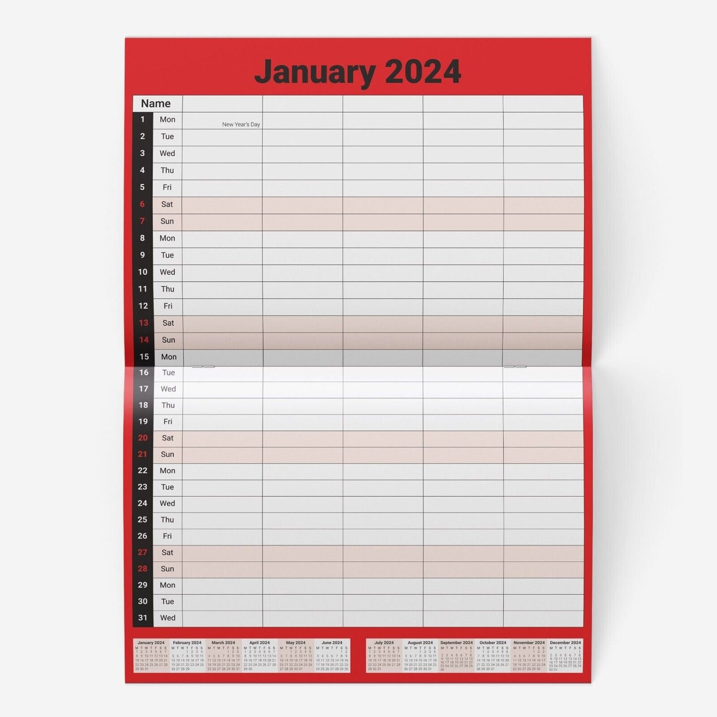 2024 Calendar 5 Columns Wall Monthly Planner Staff Rota Family Organiser M2M