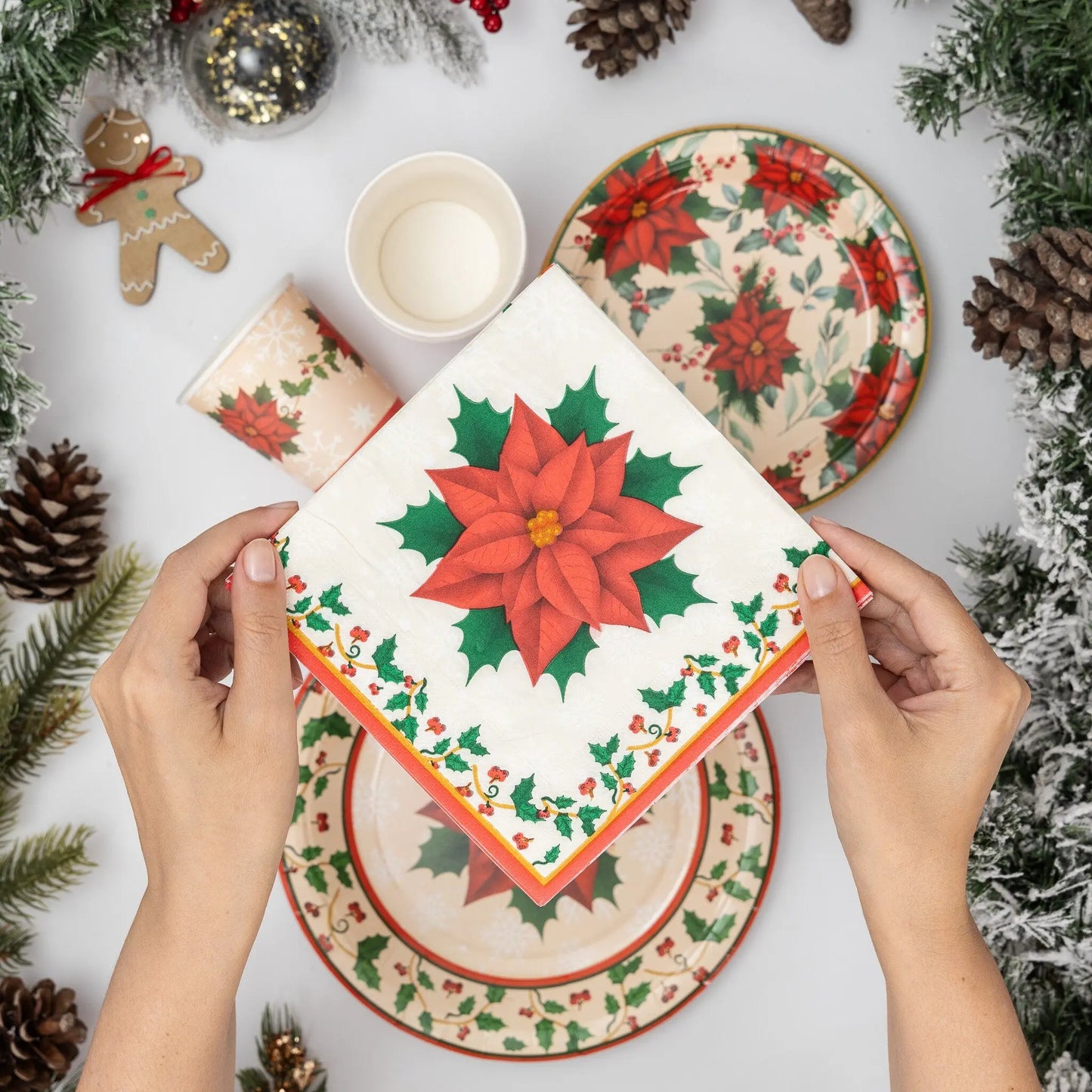 Christmas Traditional Poinsettia Partyware set Plates Cups Napkins Party Items Keechi & co.