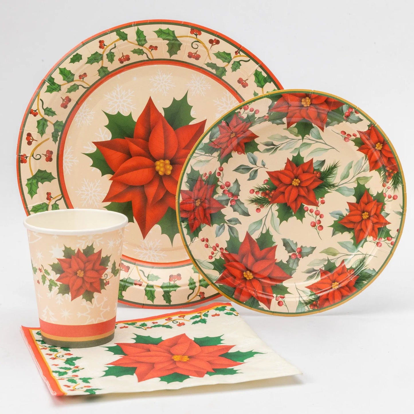 Christmas Traditional Poinsettia Partyware set Plates Cups Napkins Party Items Keechi & co.