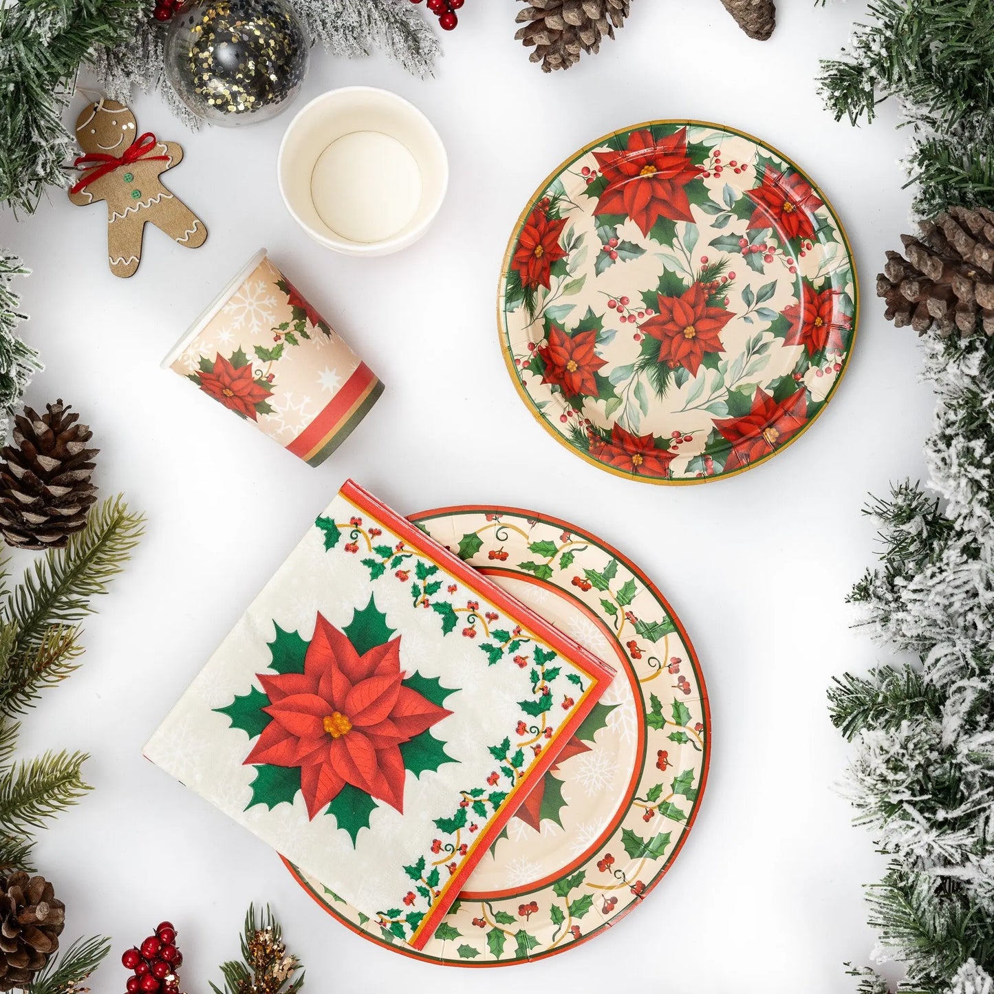 Christmas Traditional Poinsettia Partyware set Plates Cups Napkins Party Items Keechi & co.