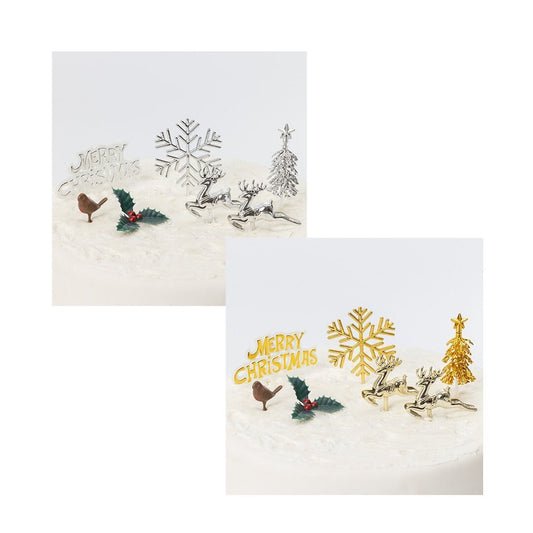 Gold Christmas Cake Topper Set: Snowflake, Reindeer, Holly - 7 Piece