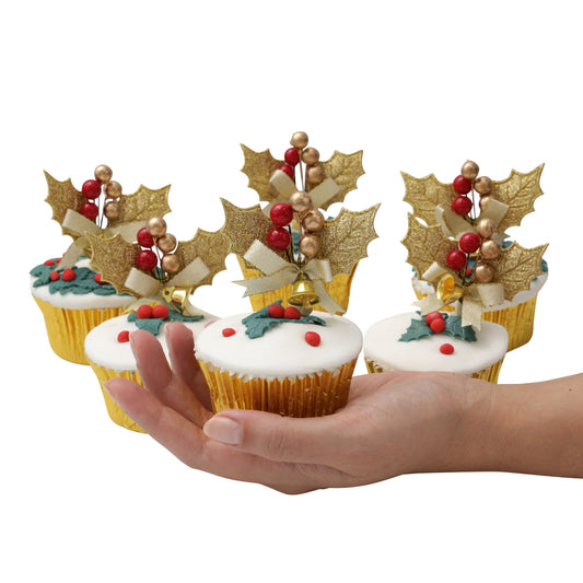 gold holly sprays cake topper Christmas cake decoration yule log cupcake toppers 6 x Keechi & co.