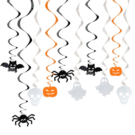 10 X Halloween Swirl Foil Decorations Hanging Spider Ghost Bat Pumpkin Skull Keechi & co.