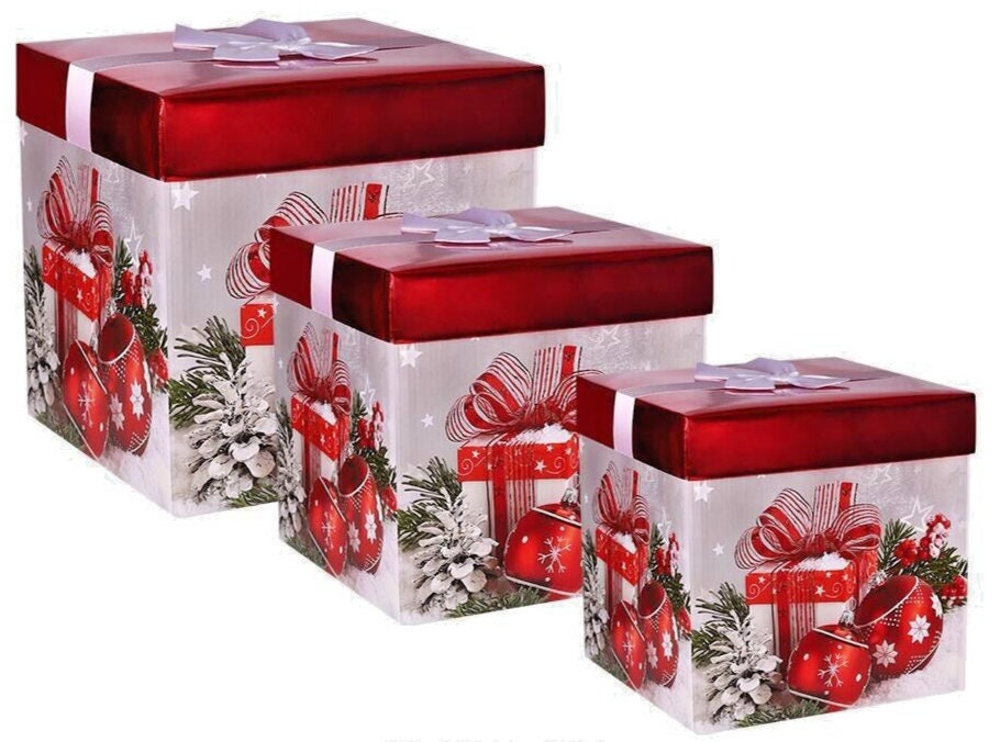 3 Christmas Xmas Gift Boxes Storage Baubles Presents Gifts Large Boxes & Lids