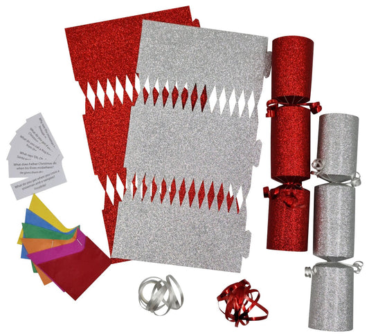 12 Make Your Own Christmas Cracker kit Crackers Hats Snaps RED and silver GLITTER Keechi & co.