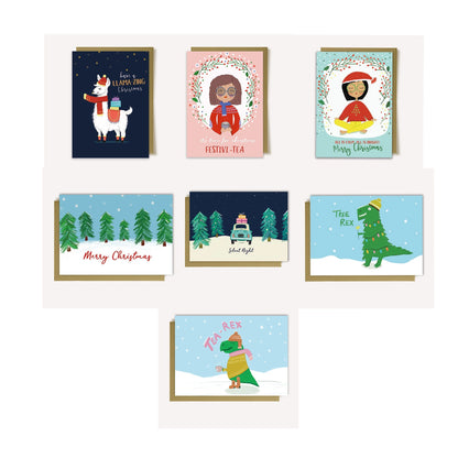Illustrated Christmas Cards – Dinosaur, Llama & Santa – Made in the UK