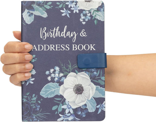 Address and birthday Book a to z A5 Satin Fabric Address & Birthdays Book Floral Design with Magnetic Closure Flower (Navy) Keechi & co.