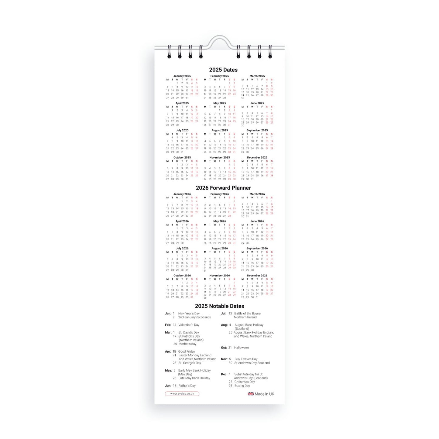 2025 Slim Month To View Spiral Bound Wall Office Planner Organiser Calendar