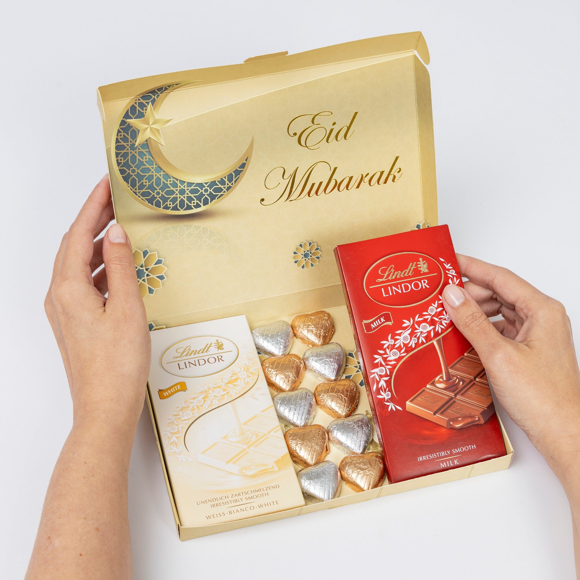 Lindt Lindor Milk White Chocolate Bars Hearts Hamper Gift Treat Happy ramadan Eid Mubarak Keechi & co.