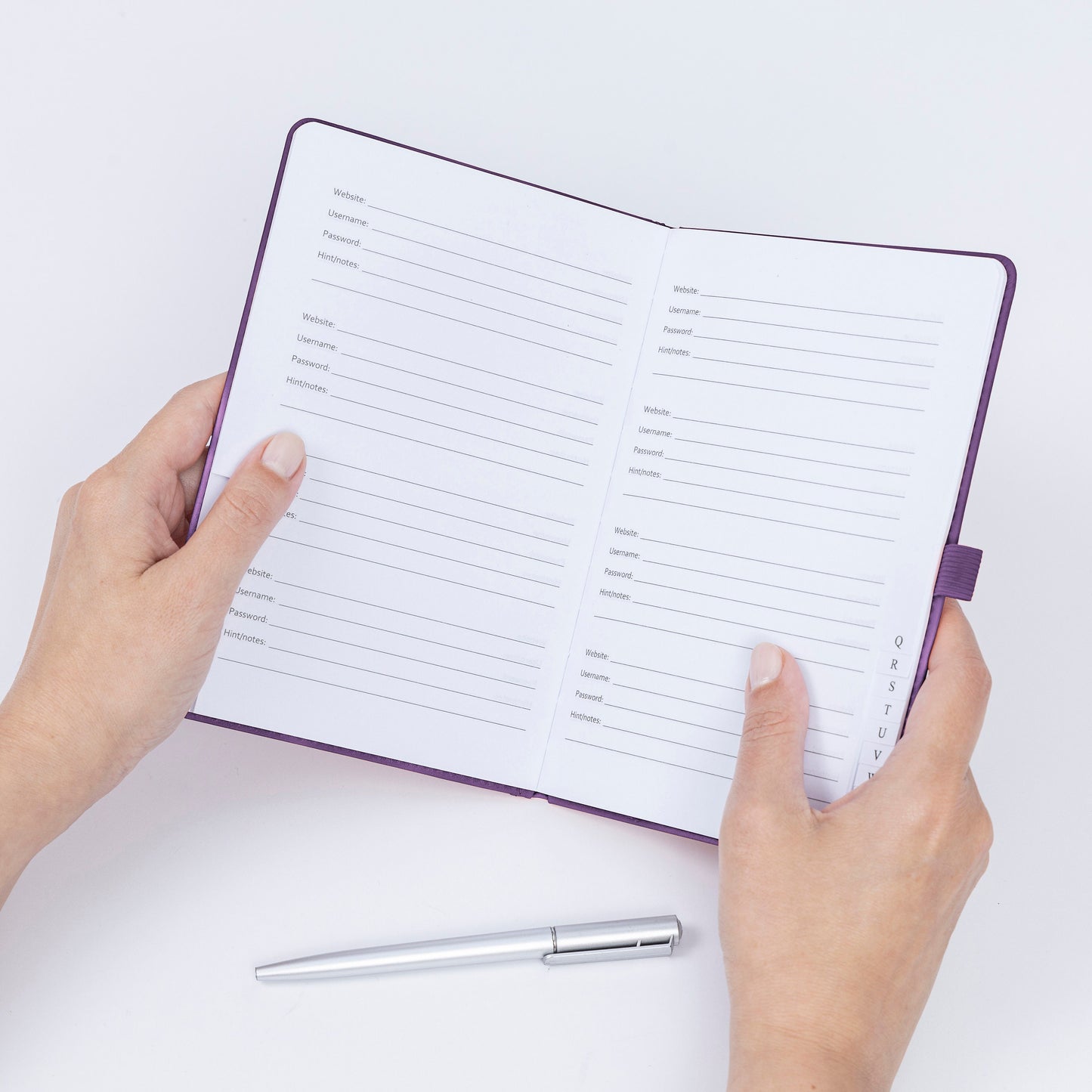 Password Username Book A-Z Index Tabs Hard Back Contact Book With Pen Purple