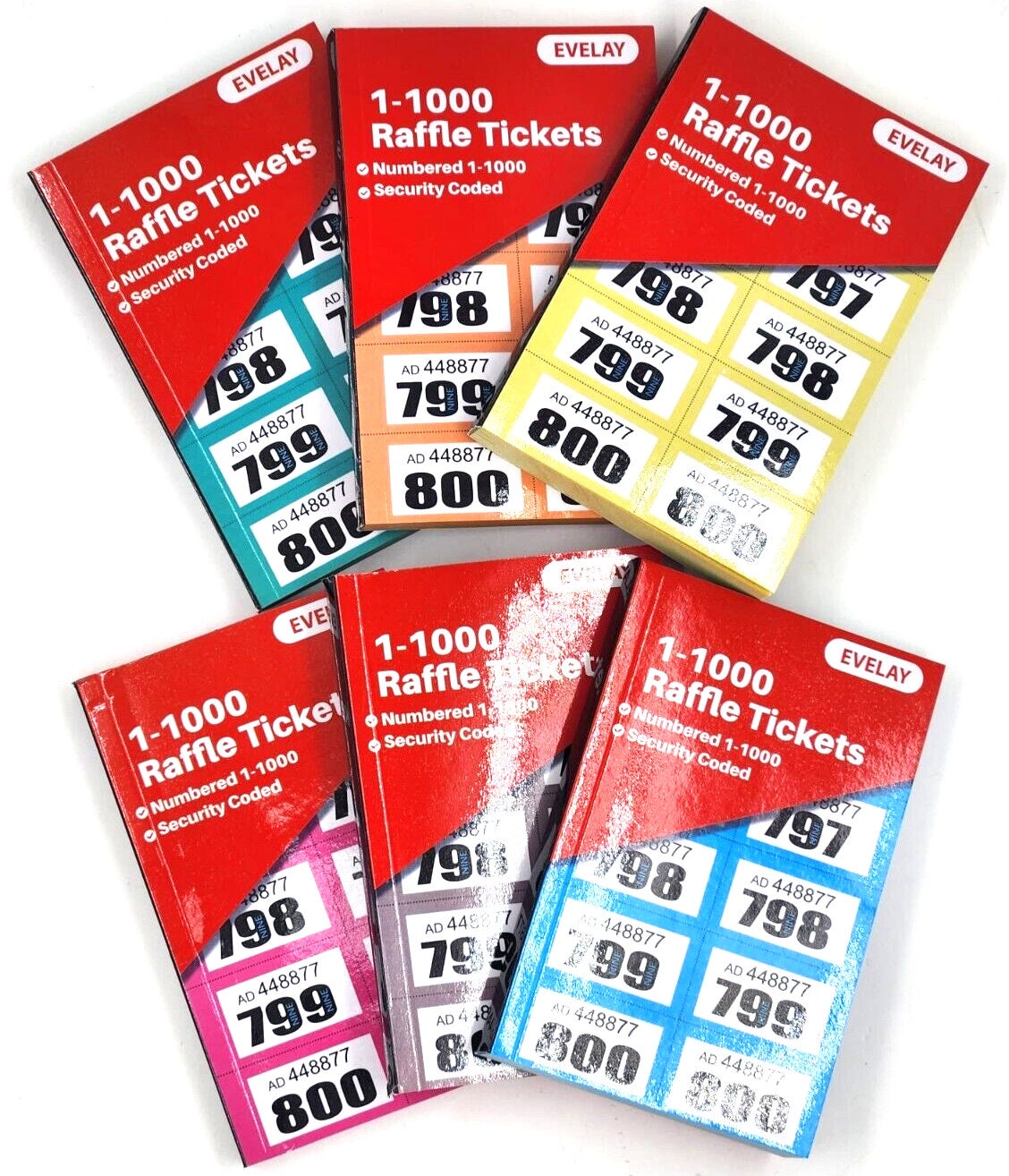 12 Books of 1-1000 Cloakroom Raffle Tombola Draw Tickets Numbered Mixed colours