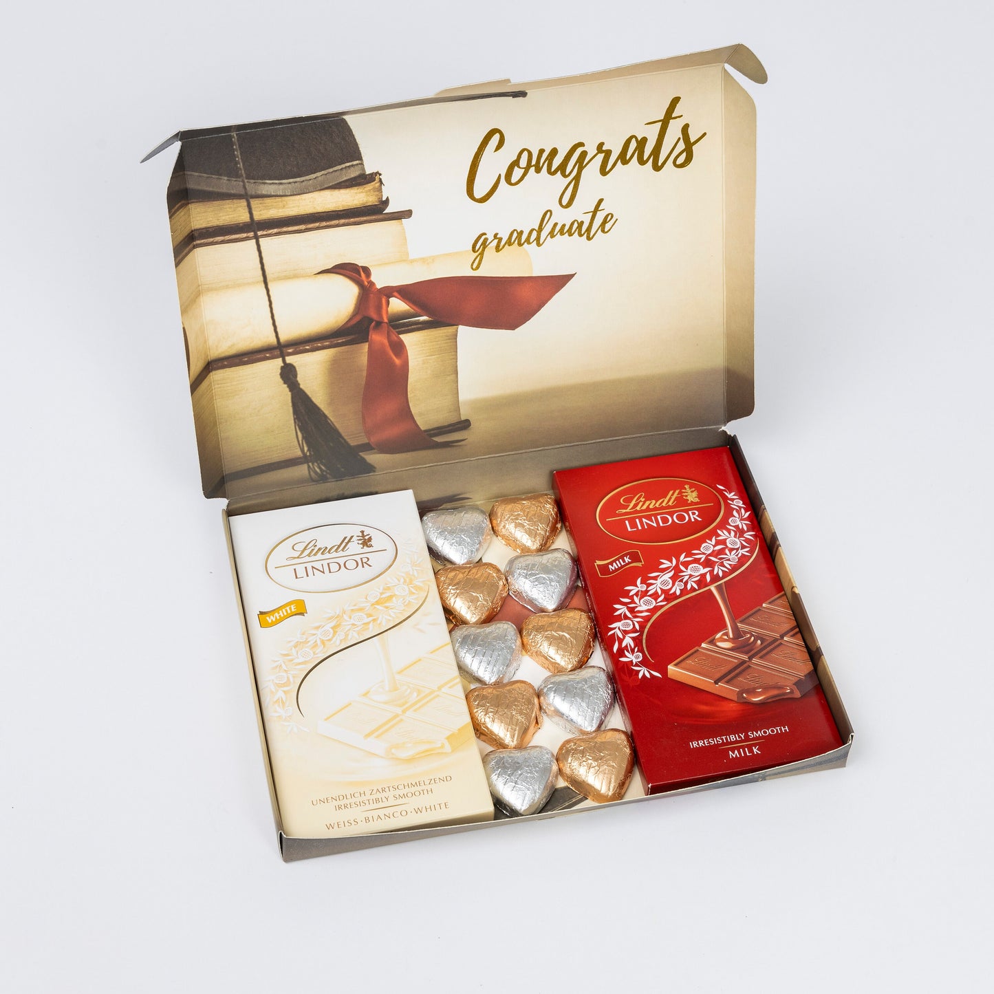 Lindt Lindor Milk White Chocolate Bars Hearts Hamper Gift Graduation Graduate